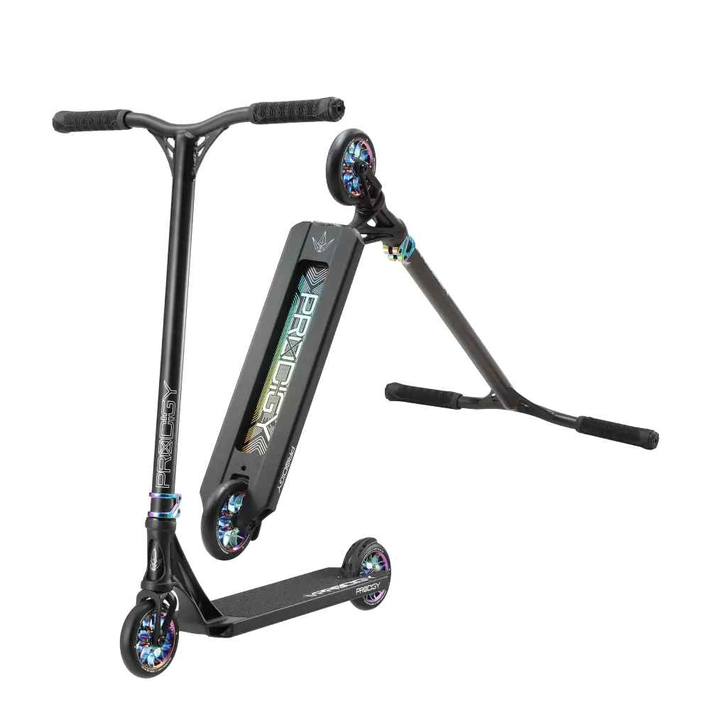 Trottinette freestyle Blund Prodigy X Black/Oil Slick face gauche et dessous