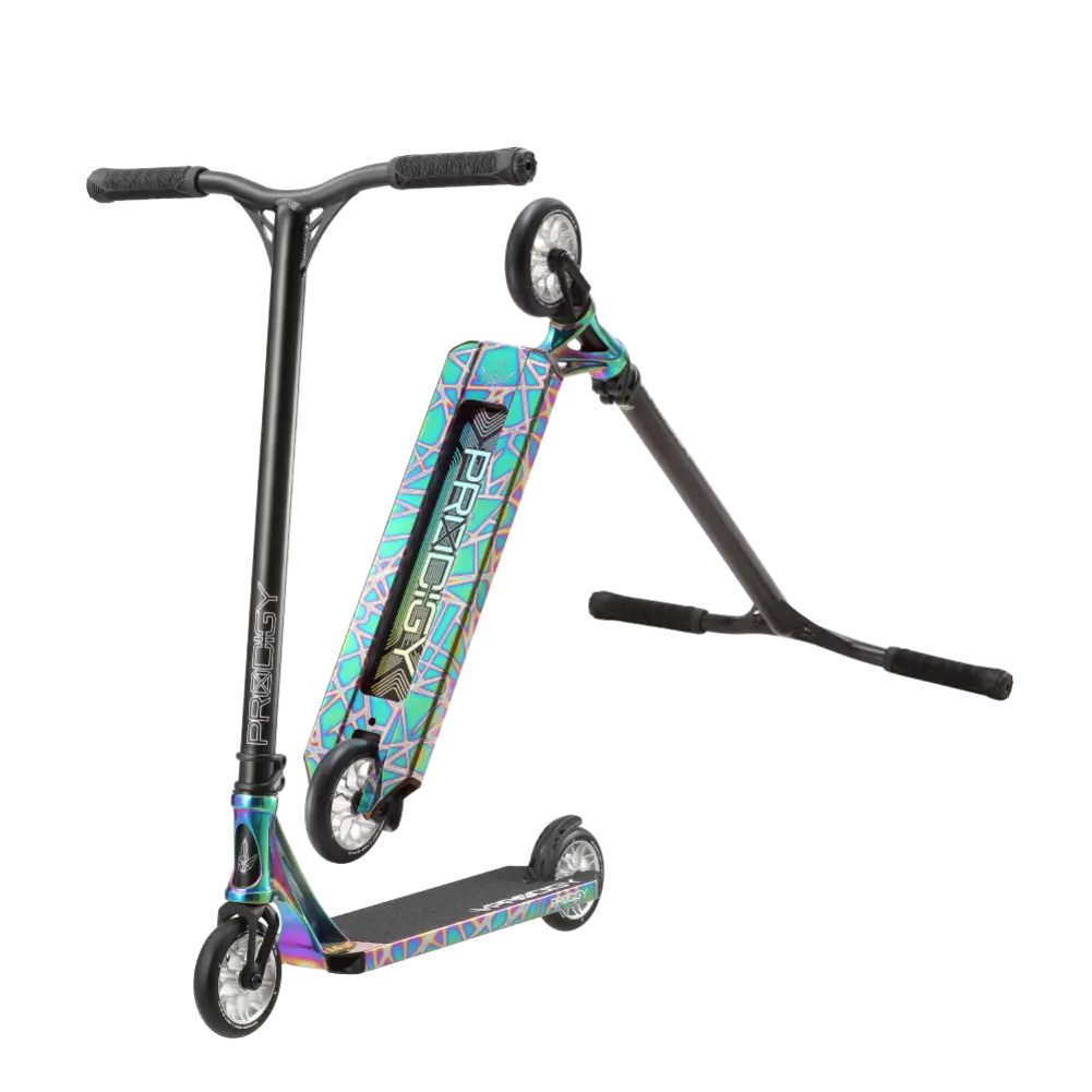Trottinette freestyle Blund Prodigy X Oil Slick face gauche et dessous
