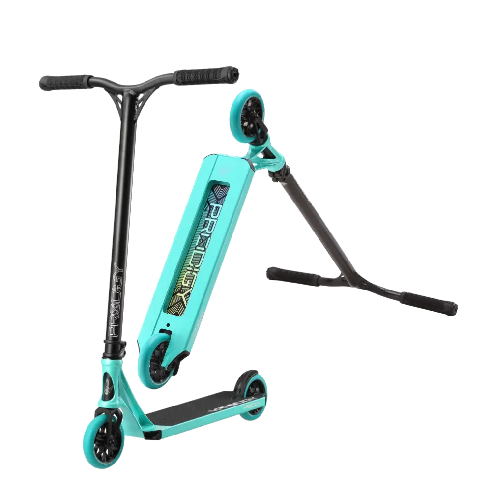 Trottinette freestyle Prodigy X Teal face gauche et dessous